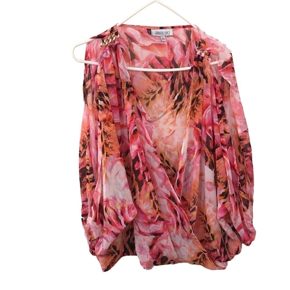 3/$15 Jennifer Lopez pink floral chiffon drape open arm blouse
